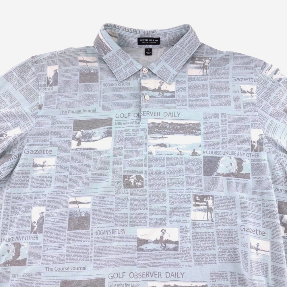 Peter Millar Crown Crafted Newspaper Print Polo Mens XL Blue EUC Business Casual